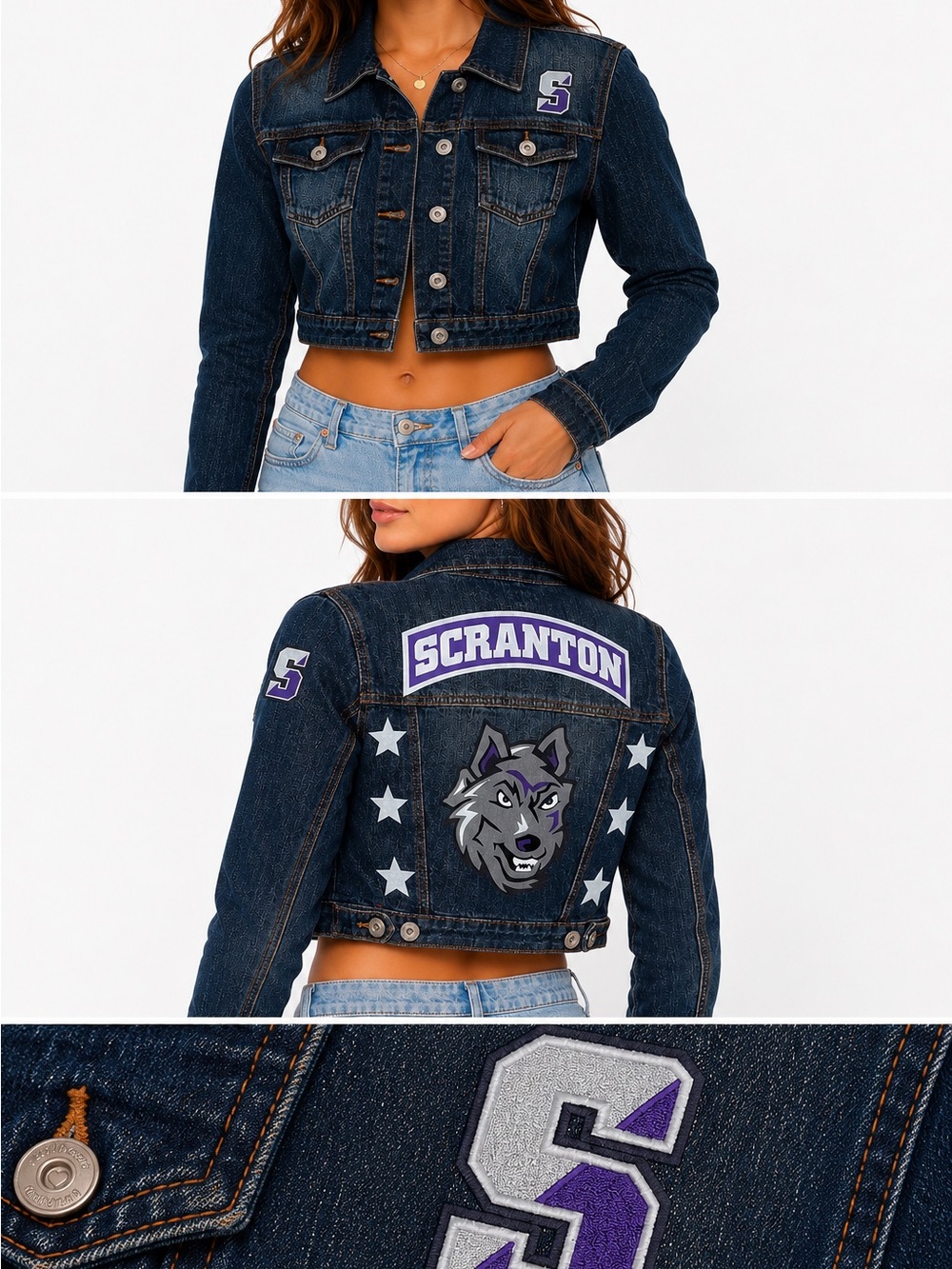 University of Scranton Royals Womens XS S Cropped Denim Jacket Wolf Graphic
